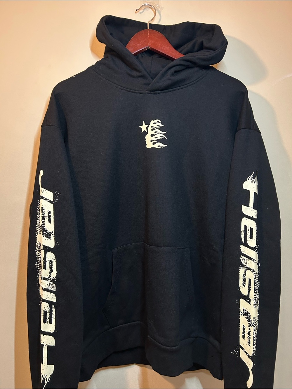 Black Graphic Pullover Hoodie with Sleeve Print